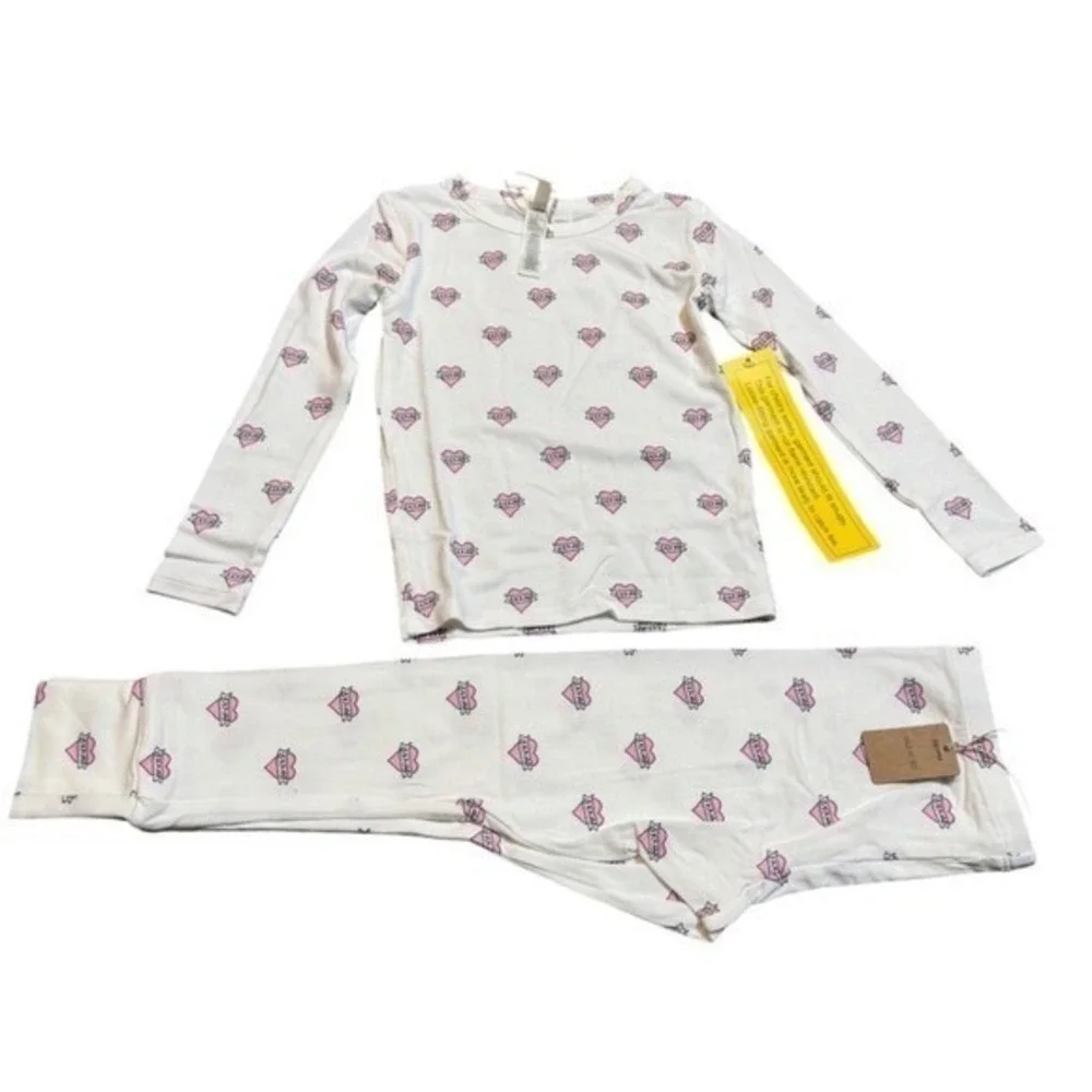 SKIMS Kids Pajama Set Marble Heart Banner Pink White Sleepwear Size 6